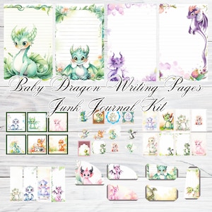 May include: A digital printable junk journal kit featuring baby dragons in various poses and colors. The kit includes writing pages, stickers, and embellishments. The text "Baby Dragon Writing Pages Junk Journal Kit" is displayed on the image.