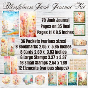 May include: A colorful junk journal kit with 70 pages, 36 pockets, 8 bookmarks, 8 cards, 6 large stamps, 16 small stamps, and 12 elements. The kit features a whimsical watercolor design with mushrooms, flowers, and trees.