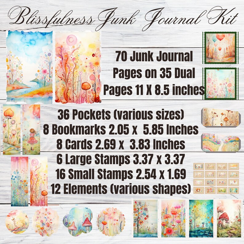 May include: A colorful junk journal kit with 70 pages, 36 pockets, 8 bookmarks, 8 cards, 6 large stamps, 16 small stamps, and 12 elements. The kit features a whimsical watercolor design with mushrooms, flowers, and trees.