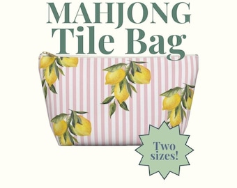 Mahjong Tile Bag, Lemon Themed Accessory Pouch, Citrus and Bird Print, Matching Set Bag, Travel Organizer, Gift for Her, Pink and Yellow