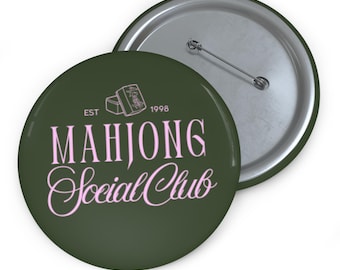 Mahjong Social Club Pin Buttons, Gifts for Friends, Game Night Prize, Hostest Gift, Pink and Green Mahj Player Button, Accesories for Player