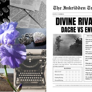 Puede incluir: Un recorte de periódico del Inkridden Tribune, fechado el 23 de mayo de 1942, con el titular "Divine Rivals: Dacre vs Enva". El artículo incluye una foto de un tanque y soldados, y una sección con preguntas de debate sobre el libro.