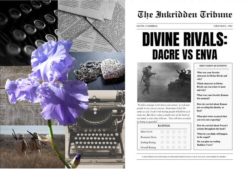 May include: A newspaper clipping with the headline "Divine Rivals: Dacre vs Enva" from the Inkridden Tribune, dated May 23rd, 1942. The article includes a photo of a tank and soldiers, and a section with discussion questions about the book.