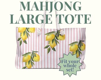 Mahjong Tote Bag, Lemon Striped Weekender Bag, Fits Mat, Racks, and Ties, Travel Tote, Beach Bag, Game Night, Citrus and Bird Matching Set