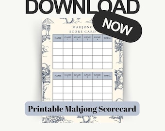 Printable Mahjong Scorecard Mahjong Score Keeper Digital Download Game Night Hosting Party Favor Vintage Preppy Blue
