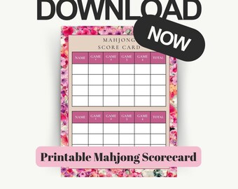 Digital Mahjong Scorecard, Printable Mahjong Score Keeping, Pink Elegant Vintage Floral Design, Party Favors, Tablet Download for Game Night