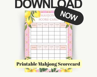 Mahjong Score Card Digital File, Pink and Lemons Citrus Print, Tablet or Print at Home, Score keeping, Party Host Accessories,