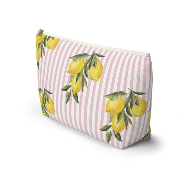 Bolsa de fichas de Mahjong, bolsa de accesorios con temática de limón, estampado de cítricos y pájaros, bolsa a juego, organizador de viaje, regalo para ella, rosa y amarillo imagen 3
