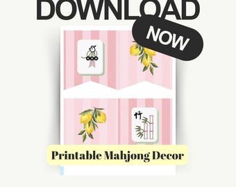 Mahjong Party Banner, Digital Download, Game Night Decor, Light Pastel Pink and Lemon Citrus Print, Themed Decorations, DIY Printable