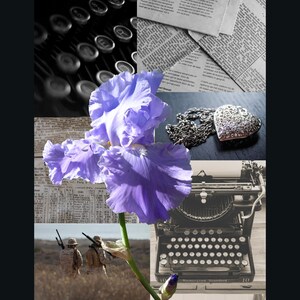 May include: A collage of images featuring a purple iris flower, a vintage typewriter, a silver heart-shaped locket, and a newspaper background.