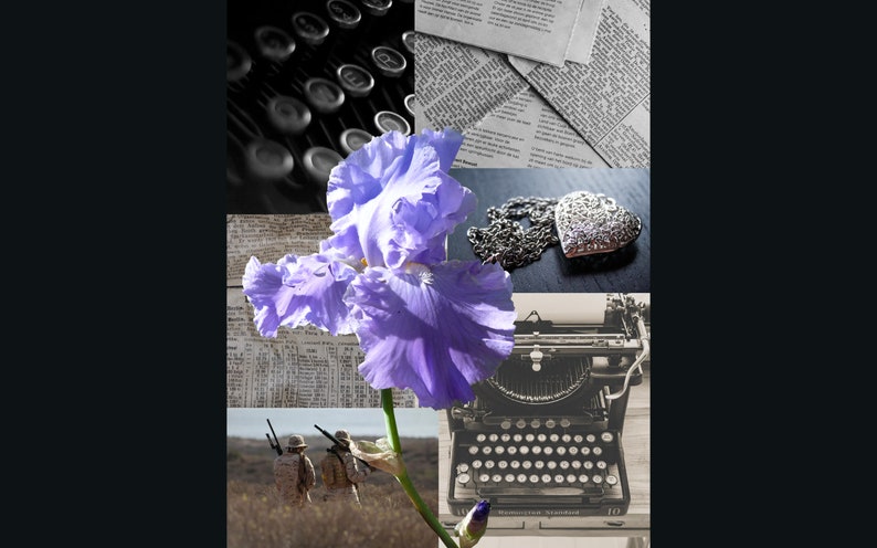 May include: A collage of images featuring a purple iris flower, a vintage typewriter, a silver heart-shaped locket, and a newspaper background.