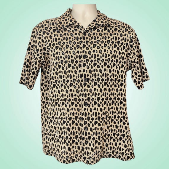 1990s Leopard Cheetah Print Sheer Mesh Button Dow… - image 1