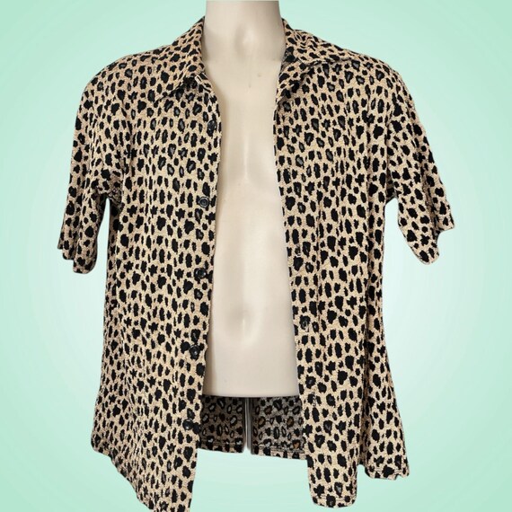 1990s Leopard Cheetah Print Sheer Mesh Button Dow… - image 2