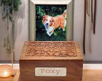 Pet Urn for Ashes, Keepsake Box, Carved Rosewood Box Pet Urn, in Natural Reddish-Brown Color