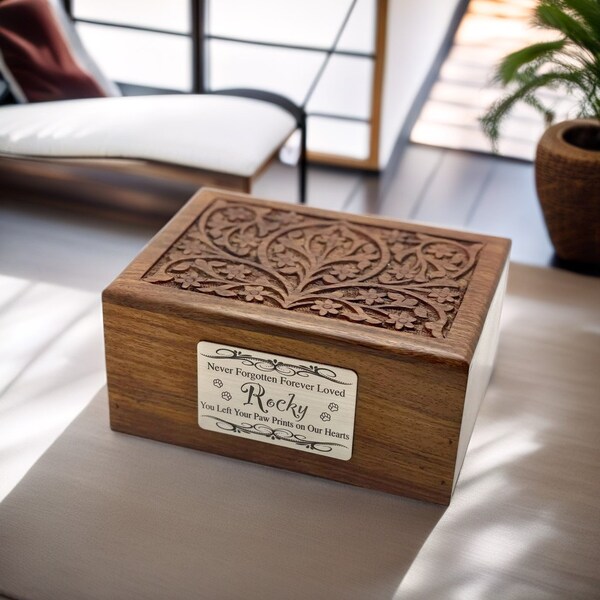 Dog Urn for Ashes, Pet Memory Box, Vintage Elegant Hand Carved Rosewood Urn in Natural Redish Brown Color.