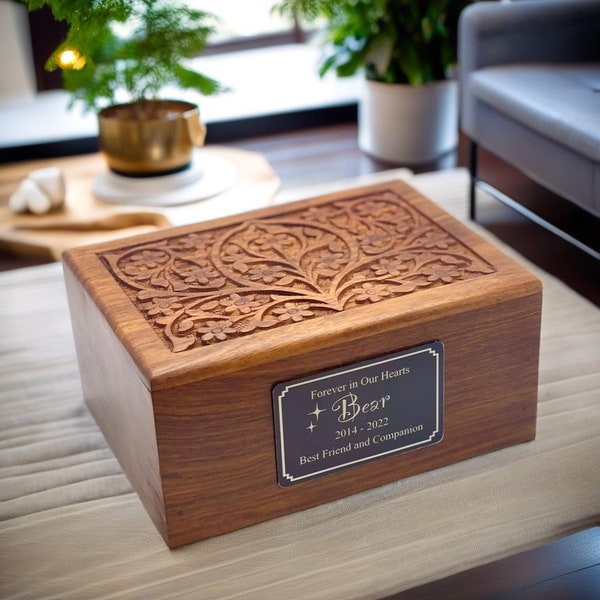 Pet Memory Box, Pet Urn for Ashes, Rosewood with Floral Carved Design in Natural Reddish-Brown Wood Color