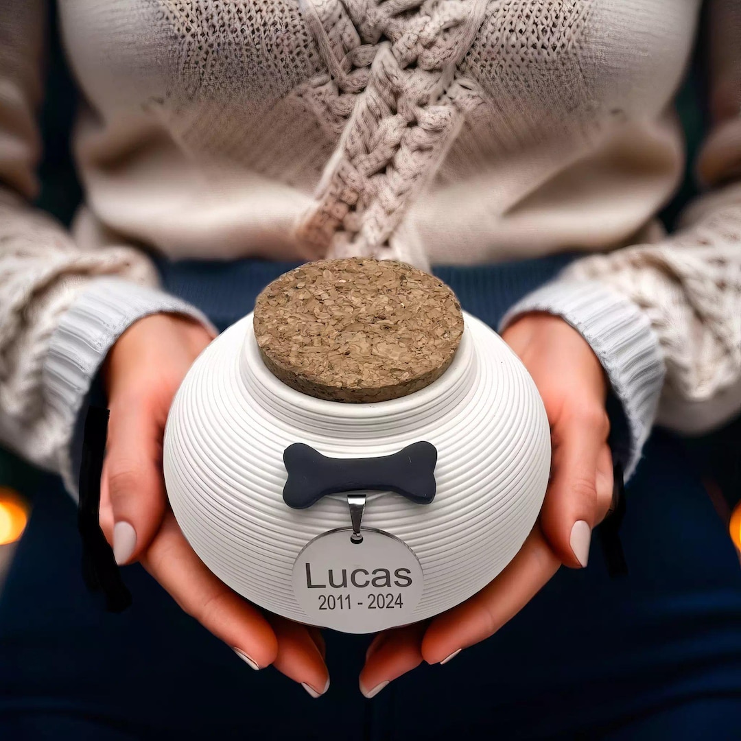 View of Small Dog Ashes Urn: Minimalist Ceramic Pet Memorial With Bone Design ...