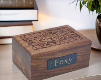 Floral Carved Rosewood Pet Urn: Engraved Memory Box