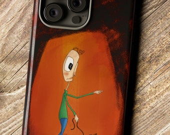 May include: A phone case with a cartoon illustration of a person walking a dog. The person is wearing a green shirt and blue pants. The dog is brown and has a long tail. The background is a dark orange color.