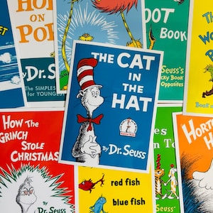 Dr. Seuss Book Cover Waterproof Vinyl Stickers - Cat in The Hat, The Lorax, Horton hears a Who, The Grinch, Green Eggs and Ham, Wocket