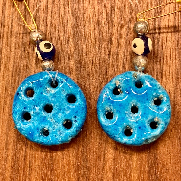 2 Blue Iraqi Seven Eyes Beads, Size ~ 45mm X 26mm, Hole ~ 2.5mm, Rough Surface, Handmade Porcelain DIY Artcraft, Craft, Jewelry Supplies B26