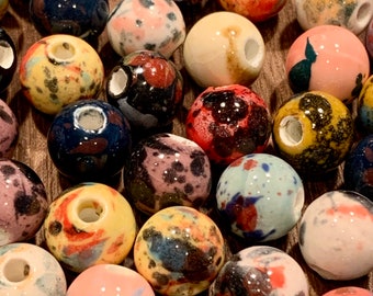 10 Mixed Beads, Size ~ 10 mm, Hole ~ 2.5 mm, Smooth Surface, Antique Glazed Porcelain Handmade DIY Artcraft, Crafts, Jewelry Supplies A40