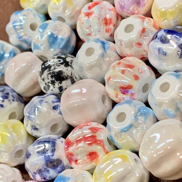 10 Mixed Beads, Size ~ 13 mm, Hole ~ 2.5 mm, Surrogate Surface, Antique Glazed Porcelain Handmade DIY Artcraft, Crafts, Jewelry Supplies B24