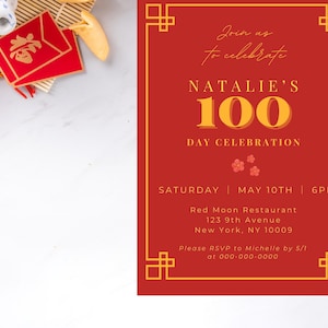Modern Red and Gold 100 Day Celebration Digital Invitation, Minimal Design, Party Invite, Customized Invitation, Red Egg and Ginger Party