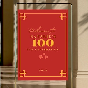 Modern Red and Gold Welcome Sign for 100 Day Celebration, Minimal Design, Party Template, Customized Welcome Sign, Red Egg and Ginger Party