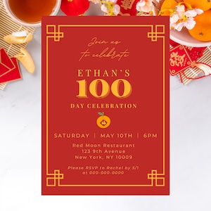 Modern Red and Gold 100 Day Celebration Digital Invitation, Minimal Design, Party Invite, Customized Invitation, Red Egg and Ginger Party