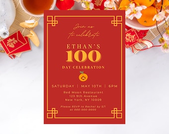 Modern Red and Gold 100 Day Celebration Digital Invitation, Minimal Design, Party Invite, Customized Invitation, Red Egg and Ginger Party