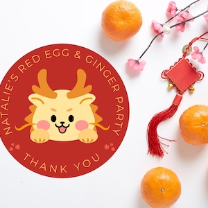 Modern Red and Gold Thank You Stickers for 100 Day Celebration, Minimal Design, Customized Stickers, Red Egg and Ginger Party