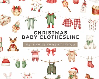 Watercolor Christmas Baby Clothesline Clipart Bundle | My First Christmas New Baby PNG | Baby Clothes | Christmas Clipart | Digital Download
