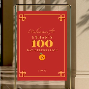 Modern Red and Gold Welcome Sign for 100 Day Celebration, Minimal Design, Party Template, Customized Welcome Sign, Red Egg and Ginger Party