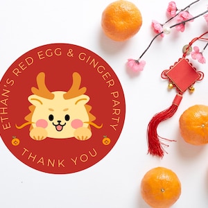 Modern Red and Gold Thank You Stickers for 100 Day Celebration, Minimal Design, Customized Stickers, Red Egg and Ginger Party