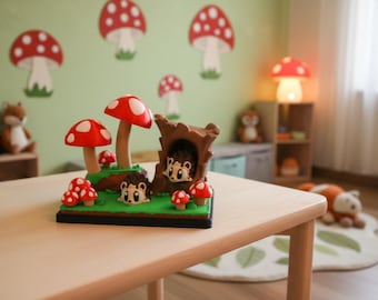 3D Printed Hedgehog Mushroom Playset, Woodland Animal Toy, Forest Scene, Mini Nature Decor