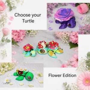May include: A collection of turtle figurines featuring floral designs. One turtle has a large purple and pink rose shell, others feature colorful small flowers on their backs. The text reads Choose your Turtle and Flower Edition.