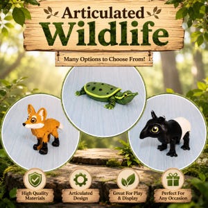 May include: Three articulated animal figurines including an orange and black fox, a green turtle with black spots, and a black and white tapir. The text Articulated Wildlife is displayed at the top, with additional text labels below each icon.