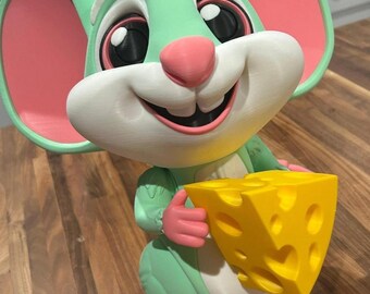 Articulated 3D Printed Mouse with Cheese Figurine 3.5"