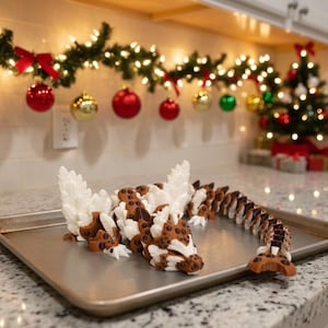 May include: A decorative, dragon-shaped dessert made of brown and white icing, resting on a metal baking sheet. The kitchen counter is decorated with Christmas ornaments, lights, and a small tree, creating a festive holiday scene.