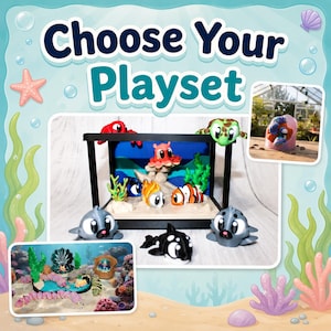 May include: An image with the text "Choose Your Playset" features a variety of colorful, cartoonish sea creatures. The main display shows a miniature aquarium with a red octopus, a turtle, and other sea animals. Additional images showcase other playset options.