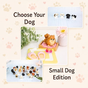 May include: A collage featuring miniature dog figurines and accessories. The text "Choose Your Dog" and "Small Dog Edition" are displayed. The image includes a Pomeranian figurine, a dog bed, food bowl, and slippers.