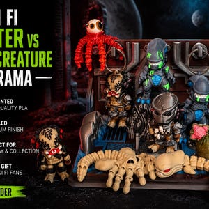 May include: A diorama featuring sci-fi hunter and space creature figurines. The scene includes a variety of detailed, 3D-printed figures, including a red octopus-like creature, and several Predator and Alien-inspired characters. The diorama is made to order.