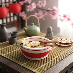 May include: A miniature Japanese-themed scene featuring a bowl of ramen with chopsticks, a teapot, sake set, and decorative elements. The ramen bowl is red and white, and the scene is set on a bamboo mat.