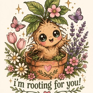 May include: A whimsical illustration of a smiling mandrake plant in a terracotta pot, surrounded by pink and white flowers, butterflies, and lavender. The text "I'm rooting for you!" is written below the pot, with a heart symbol.