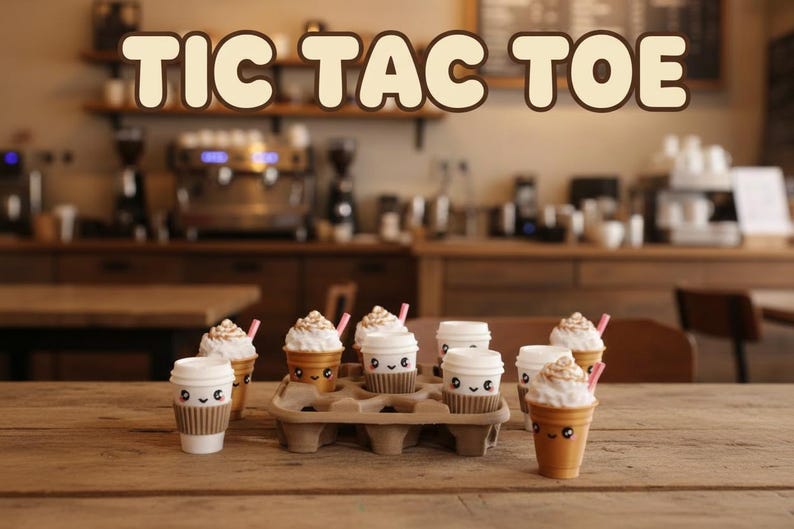 May include: A wooden table displays miniature coffee cup desserts with whipped cream and pink straws. The cups have smiling faces. The text "TIC TAC TOE" is above the cups, set against a blurred cafe background.