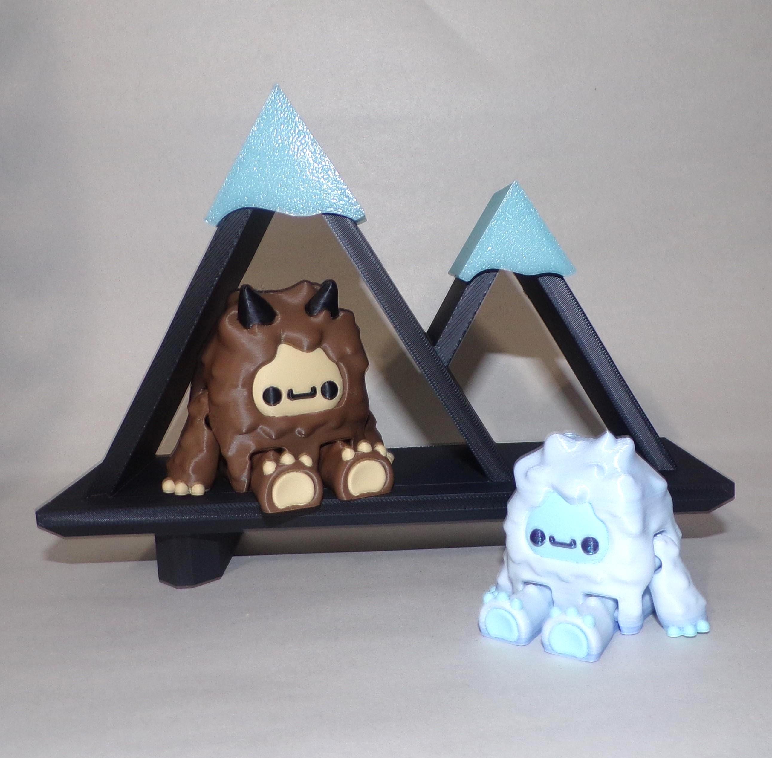 Yeti and Bigfoot Flexi 2 in- with Mountain Shelf- Full Color 3D Printed Articulated Fidget Toy - Free Shipping Included! Keychain Options