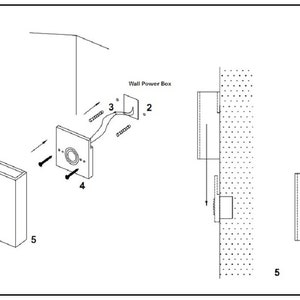 Op de afbeelding: Een zwart-witte lijntekening van een installatiehandleiding voor een wandlamp. De handleiding laat zien hoe je een wandlamp installeert met een wandcontactdoos. De handleiding bevat genummerde stappen en pijlen om de juiste plaatsing van de wandlamp en de bedrading te tonen.