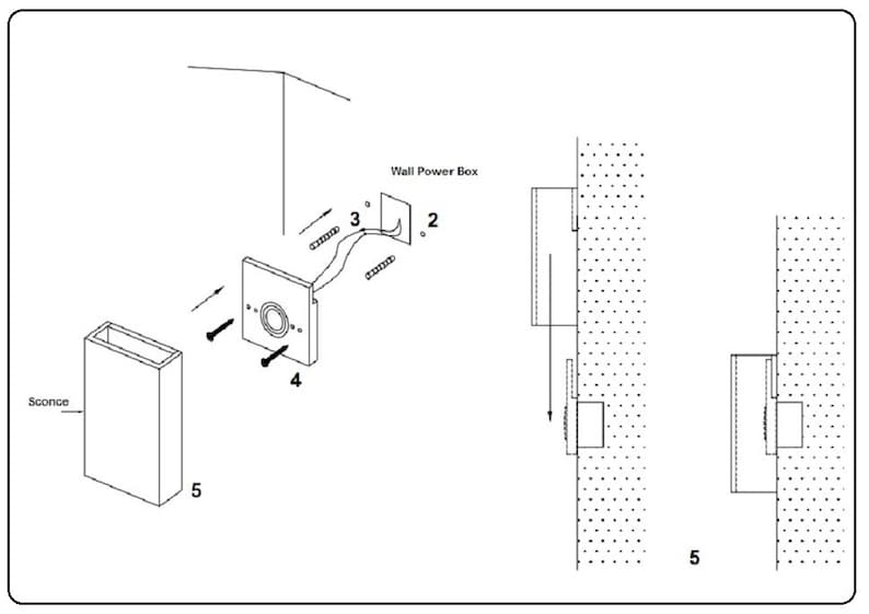 Op de afbeelding: Een zwart-witte lijntekening van een installatiehandleiding voor een wandlamp. De handleiding laat zien hoe je een wandlamp installeert met een wandcontactdoos. De handleiding bevat genummerde stappen en pijlen om de juiste plaatsing van de wandlamp en de bedrading te tonen.