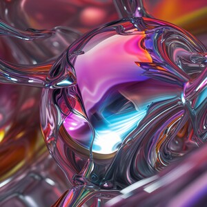 May include: Abstract 3D rendering of a metallic sphere surrounded by iridescent, flowing, organic shapes. The sphere reflects the surrounding colors, creating a vibrant and dynamic composition.